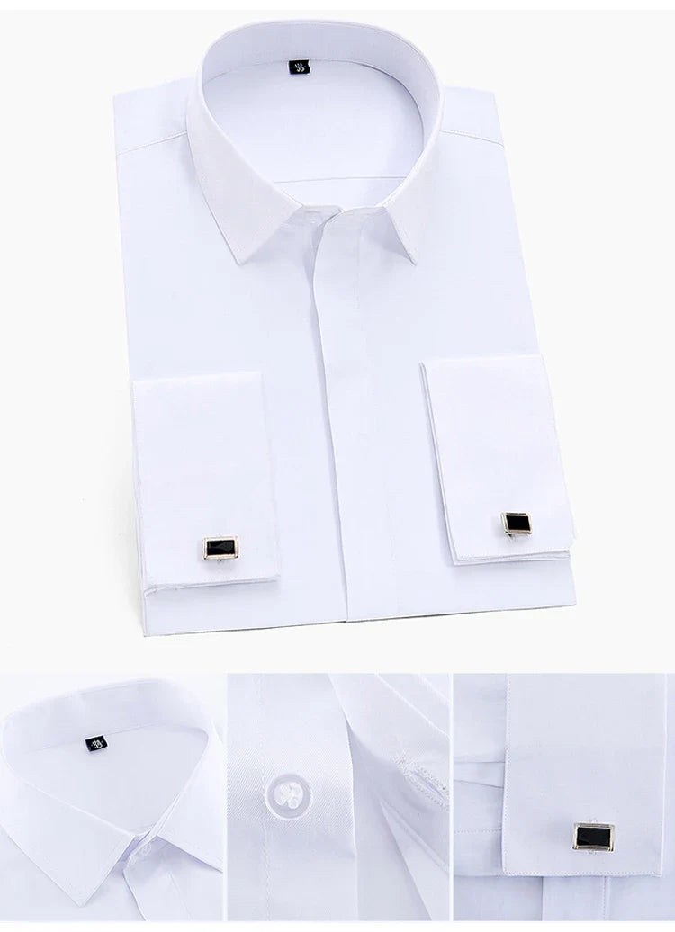 Men's Classic French Cuffs Solid Dress Shirt Fly Front Placket Formal Business Standard-fit Long Sleeve Office Work White Shirts