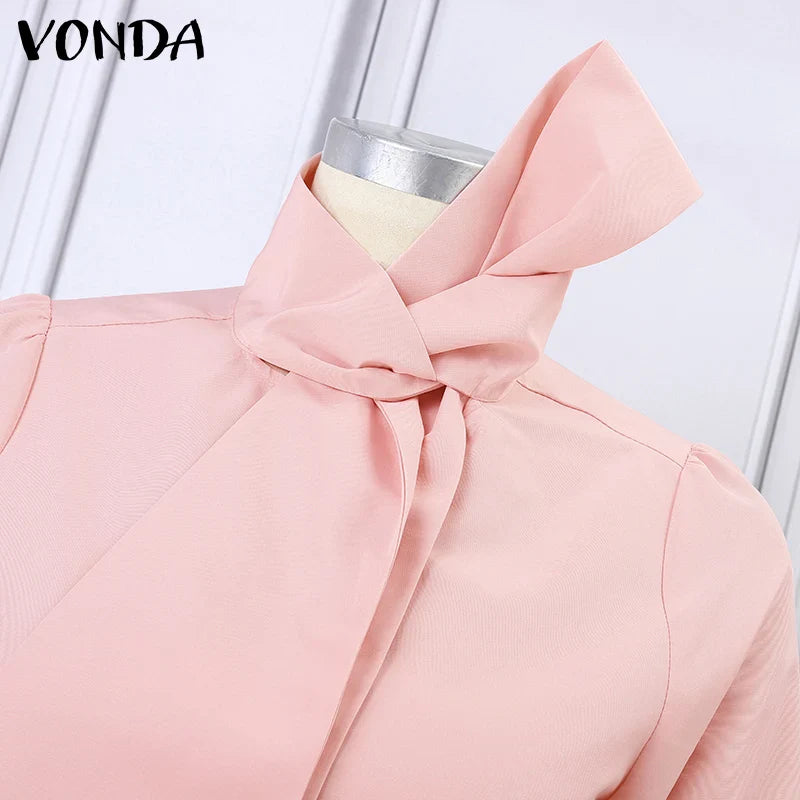 Plus Size 5XL VONDA Elegant Blouses Women Tops Streetwear Solid Color Casual Bow Collar Blusas 2024 Female Long Sleeve Shirts