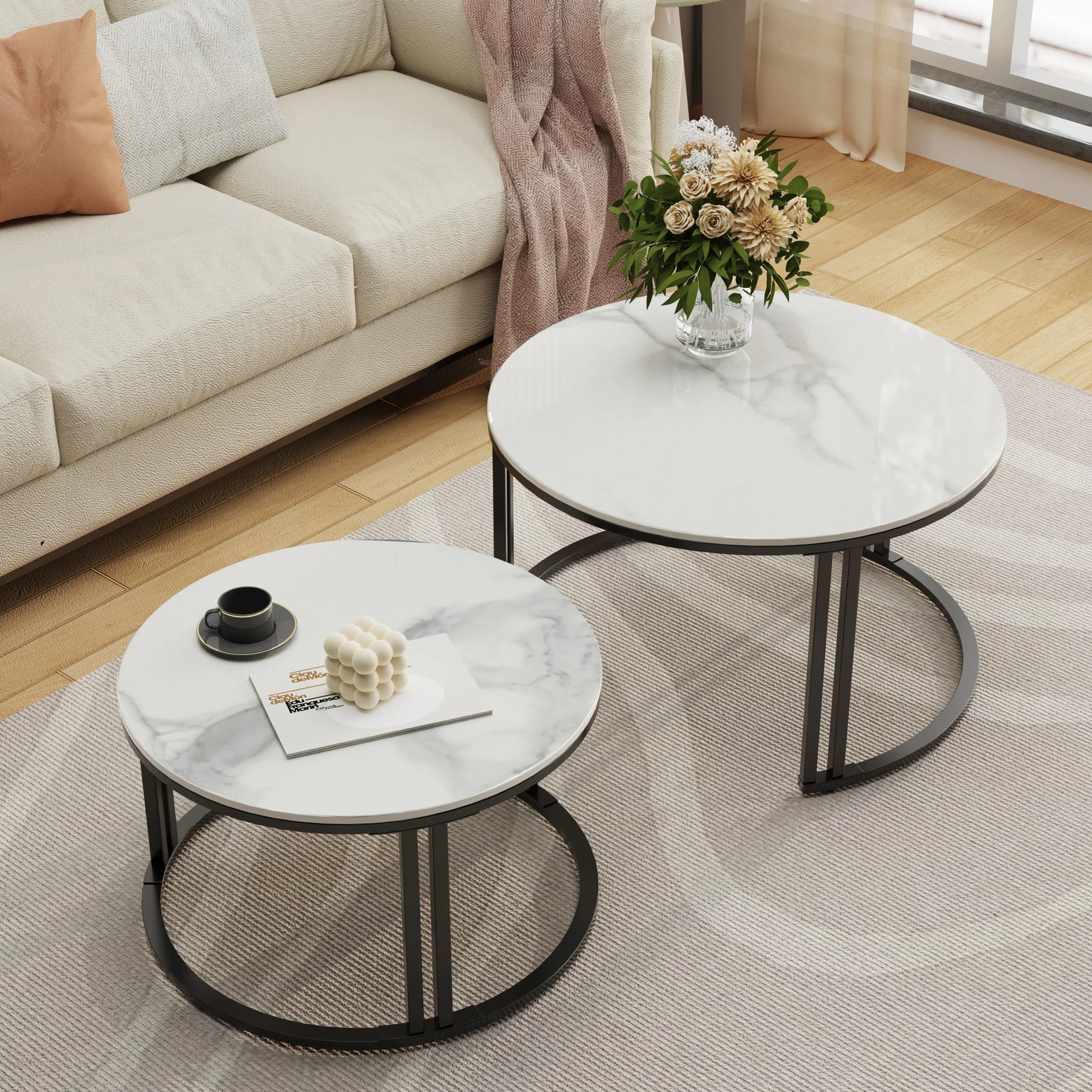 Nesting Coffee Table, Set of 2 Accent Tables, White and Gray Marble Top, Dual-Support Frame, Stacking Side Desk