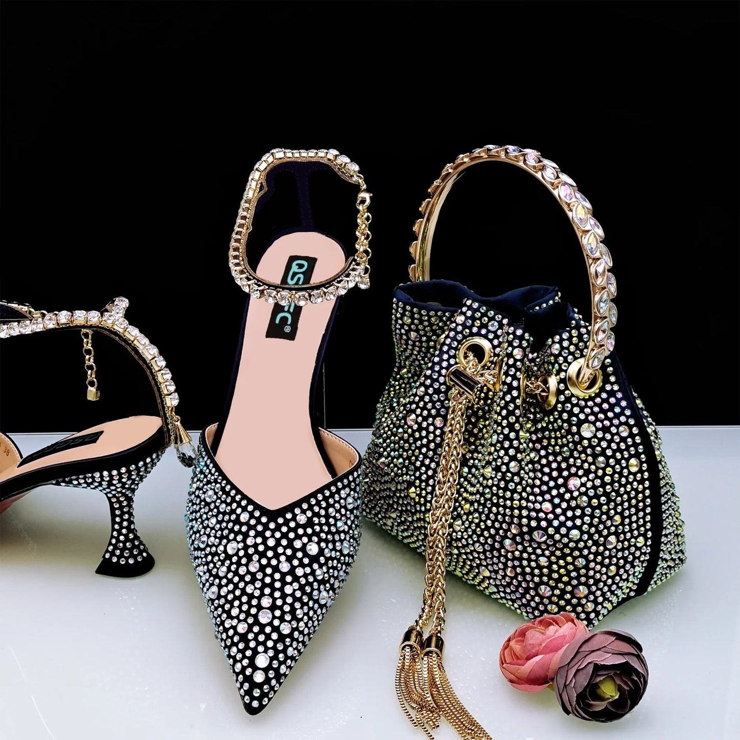 New Gold Glitter Fabric Pointed Toe High Heels With A Variety Of Shapes Of Rhinestones Fashion Party Ladies Shoes And Bag
