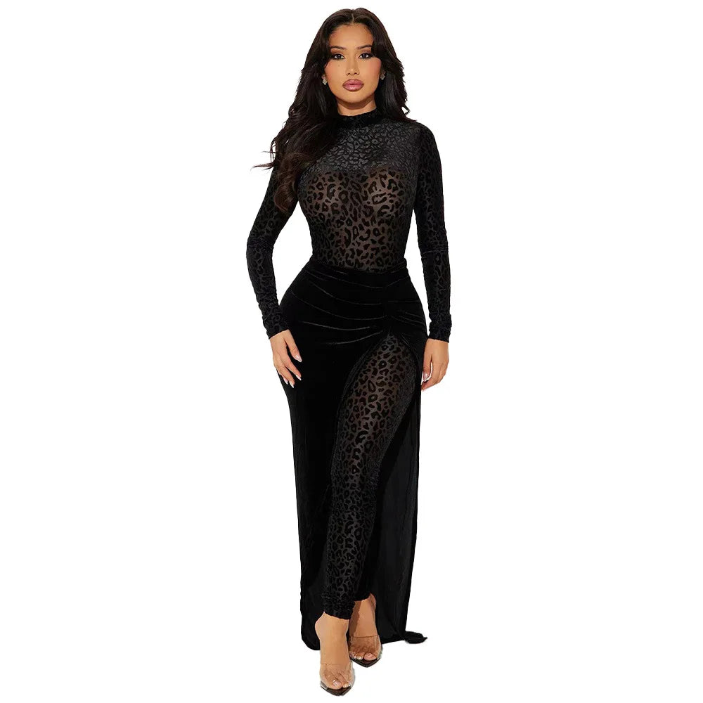 CM.YAYA Women's Set Leopard Velvet Long Sleeve Jumpsuits +Long Skirts 2025 Spring Streetwear Sexy Party Two 2 Piece Sets Outfits