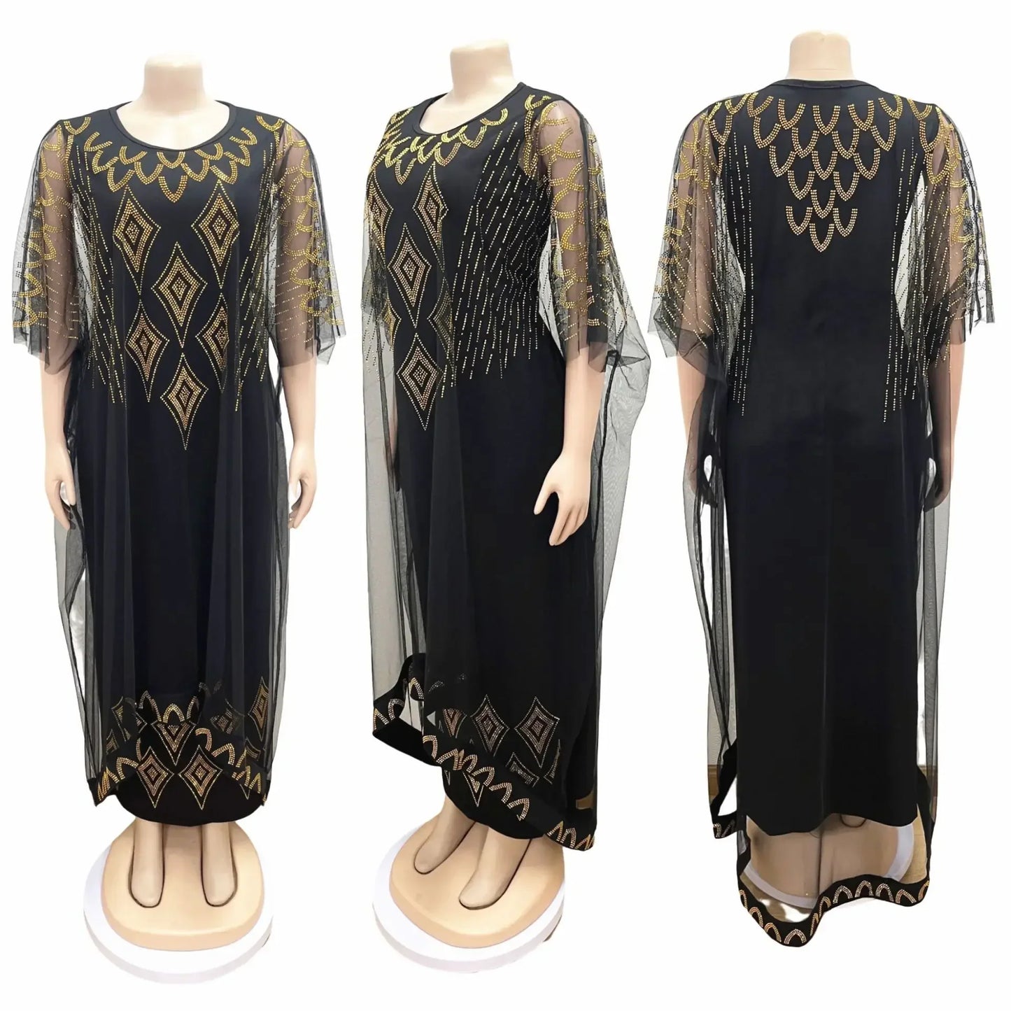 African Dresses For Women Short Sleeve Turkey Diamonds Evening Wedding Party Floor Length Dress Muslim Africa Clothes 2023