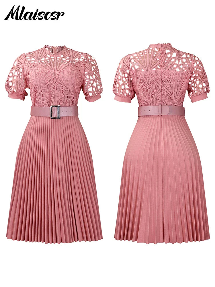 Mlaiscsr Elegant Luxury Wedding Guest Pleated Dresses with Belt Women O Neck Lace Patchwork Short Sleeve Birthday Party Robe New