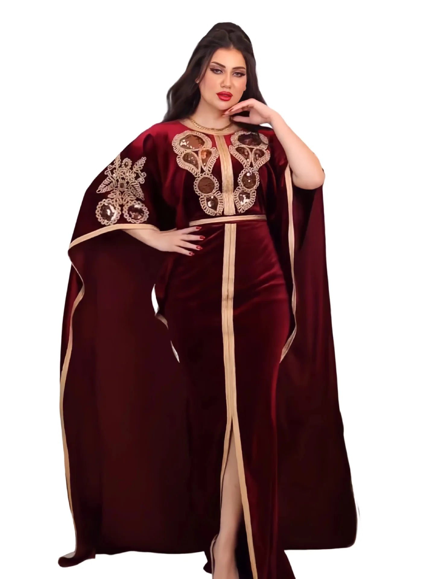 Ramadan Luxury Muslim Fashion Bat Sleeve Moroccan Turkiye Dubai Dress Middle East Arab Dress Sequins Golden Velvet Long Dress
