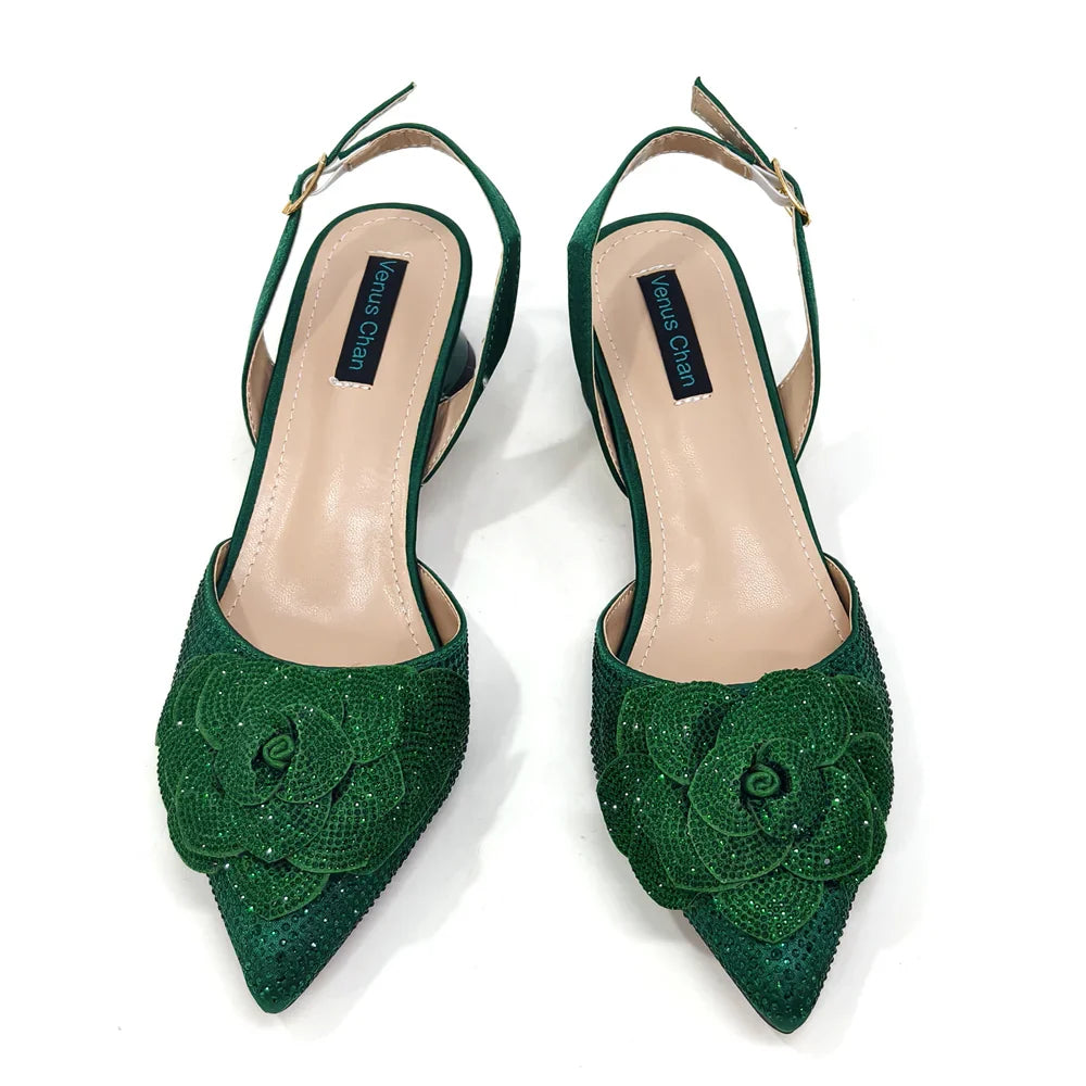 Women's Pointed-Toe Large Flower Decoration Rhinestone Low Heel Italian Shoes and Bags Set