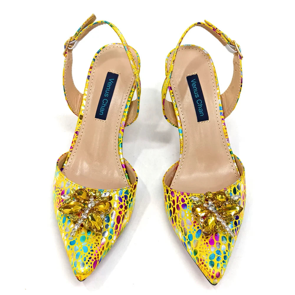 2024 Champagne Color Thin Heels Pointed Toe Crystal Design Ladies Shoes Matching Bag Set For Women Weeding Party Pump