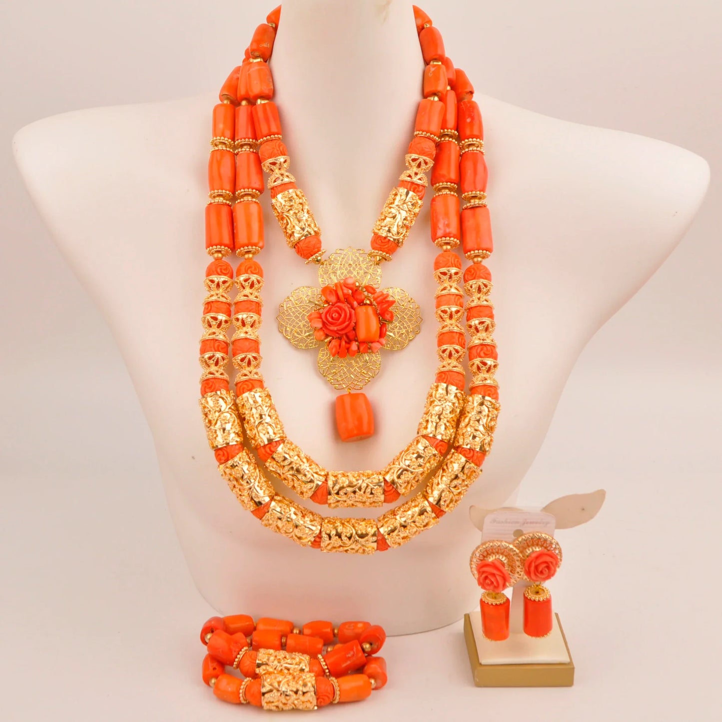 Natural coral beads orange necklace set for stylish Nigerian wedding couple African jewelry