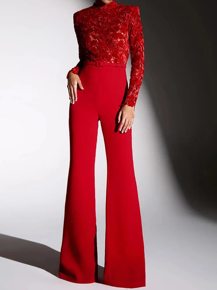 2025 Sashes Patchwork Fashion Jumpsuits, Women Spring Autumn Hollow Out Chic Playsuits, New Long Sleeve Simple Ladies Bodysuits