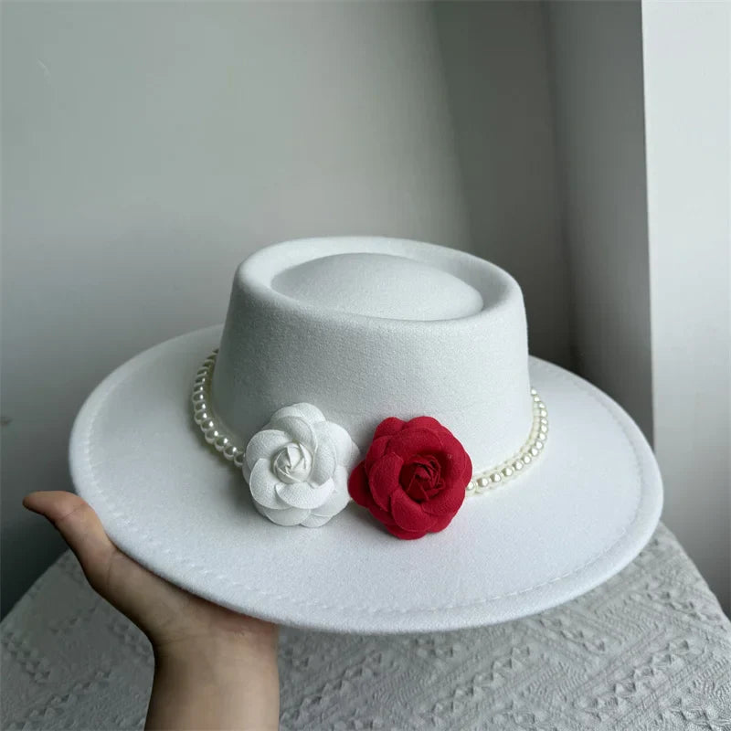 Women's Fashionable Fedora Hat 10CM Wide Brim Flat Top Felt Hats For Wedding And Jazz