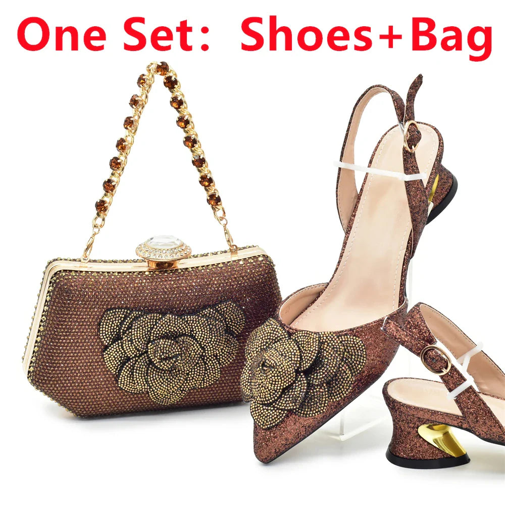 Women's Shoe and Bag Set Latest Luxury Italian Rhinstone Design for Wedding and Party