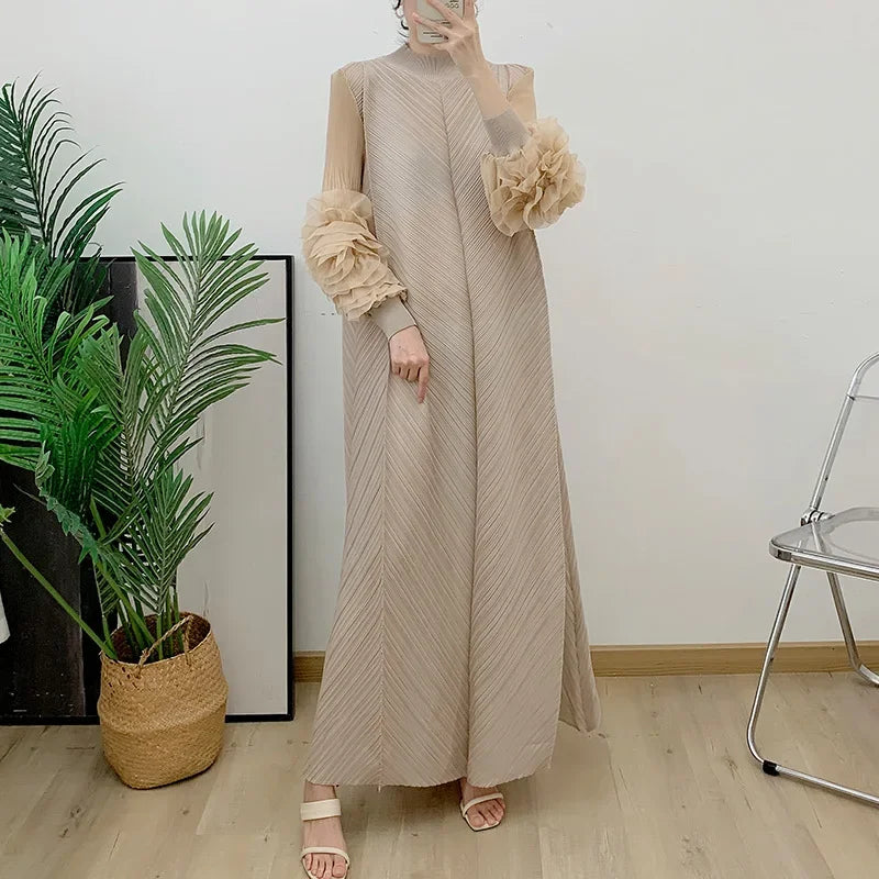 Pleated Maxi Long Dress Mesh Petal Sleeve Half Turtleneck Formal Dresses for Women 2024 New Hot Sales