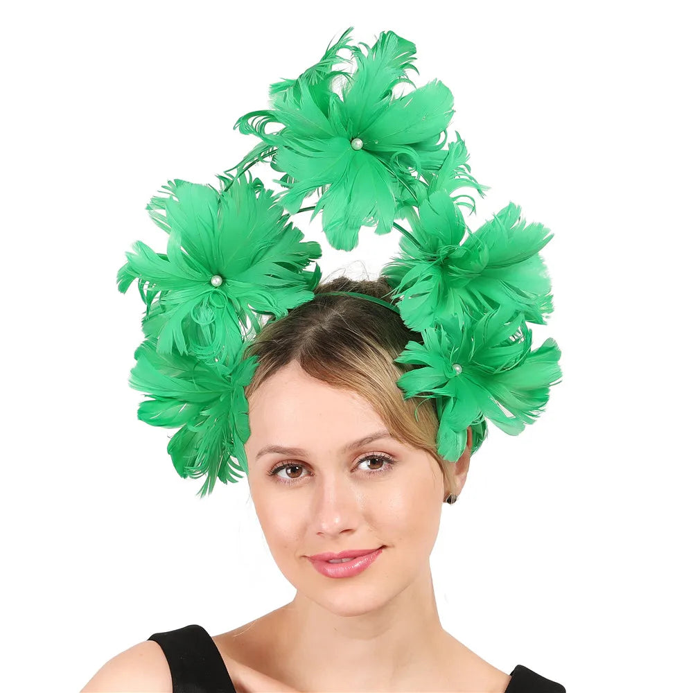 Elegant Women Wedding Hair Fascinator Accessories Headband Bridal Party Show Headwear Fancy Blue Feather Flower Hair Accessories