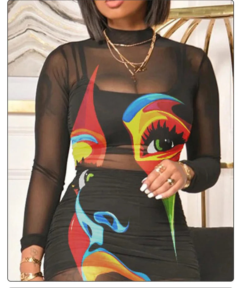 Fashion Flowers Printed Women's Sexy Mesh Gauze Mid Length Dress Three Piece Summer New Female Party Nightclub Mini Dresses 2023