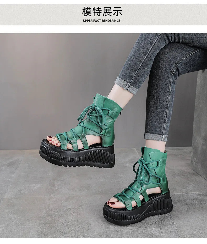Koznoy 8cm Ethnic Cow Genuine Leather Ankle Booties Women Hollow Peep Toe Platform Wedge Breathable Zip Summer Fashion Shoes