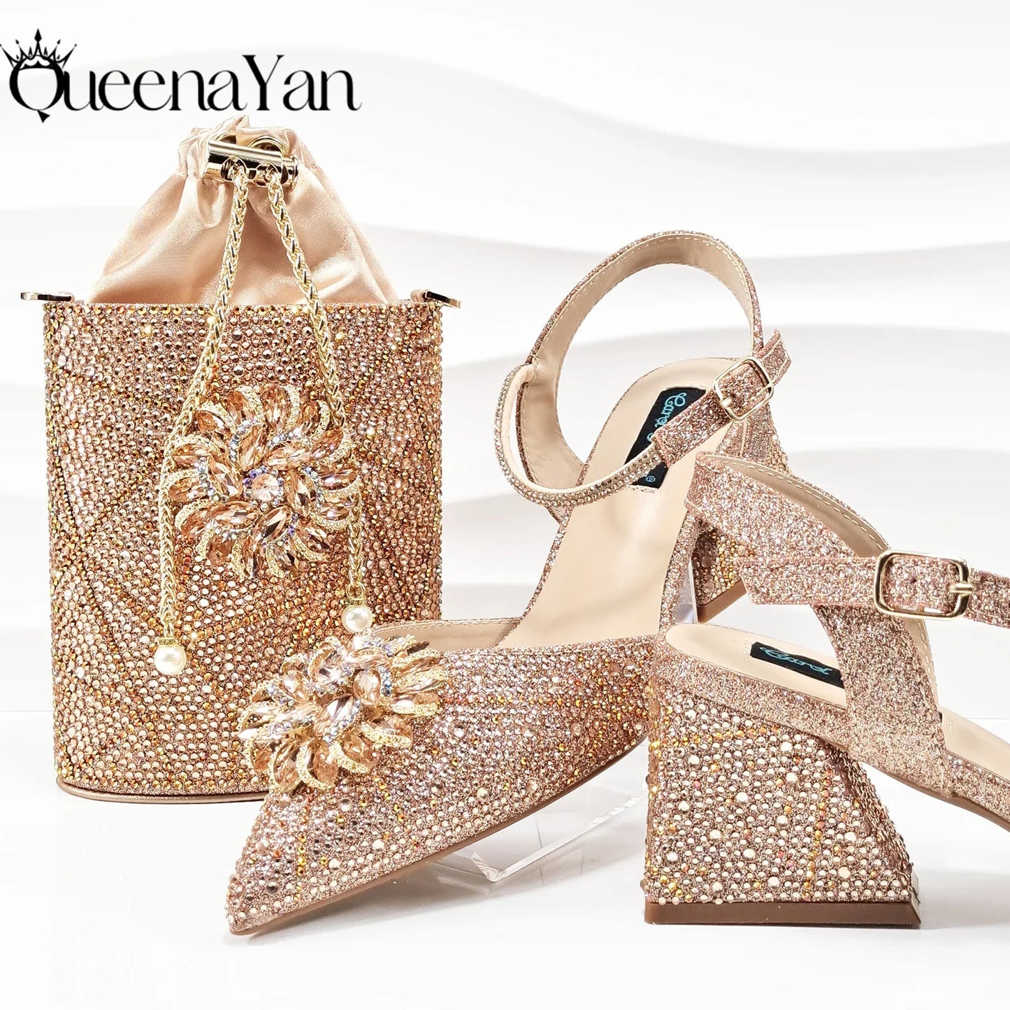 QSGFC High-end Women's Shoes with Diamond Oval Stand Bag Popular in Nigeria Women's High Heels for Special Day