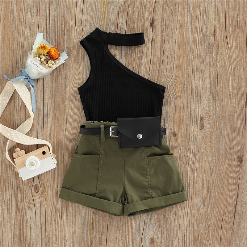 1-5 Years Infant Girl Casual Set Tanks Tops + Shorts + Waist Bag Pockets Decoration Casual Style Girls Summer Clothing Set
