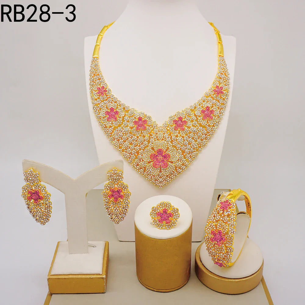 Latest Italian Dubai Gold Color Ladies Full Crystal Necklace Jewelry Set Simple Ring Bracelet Earrings African Jewelry Wedding
