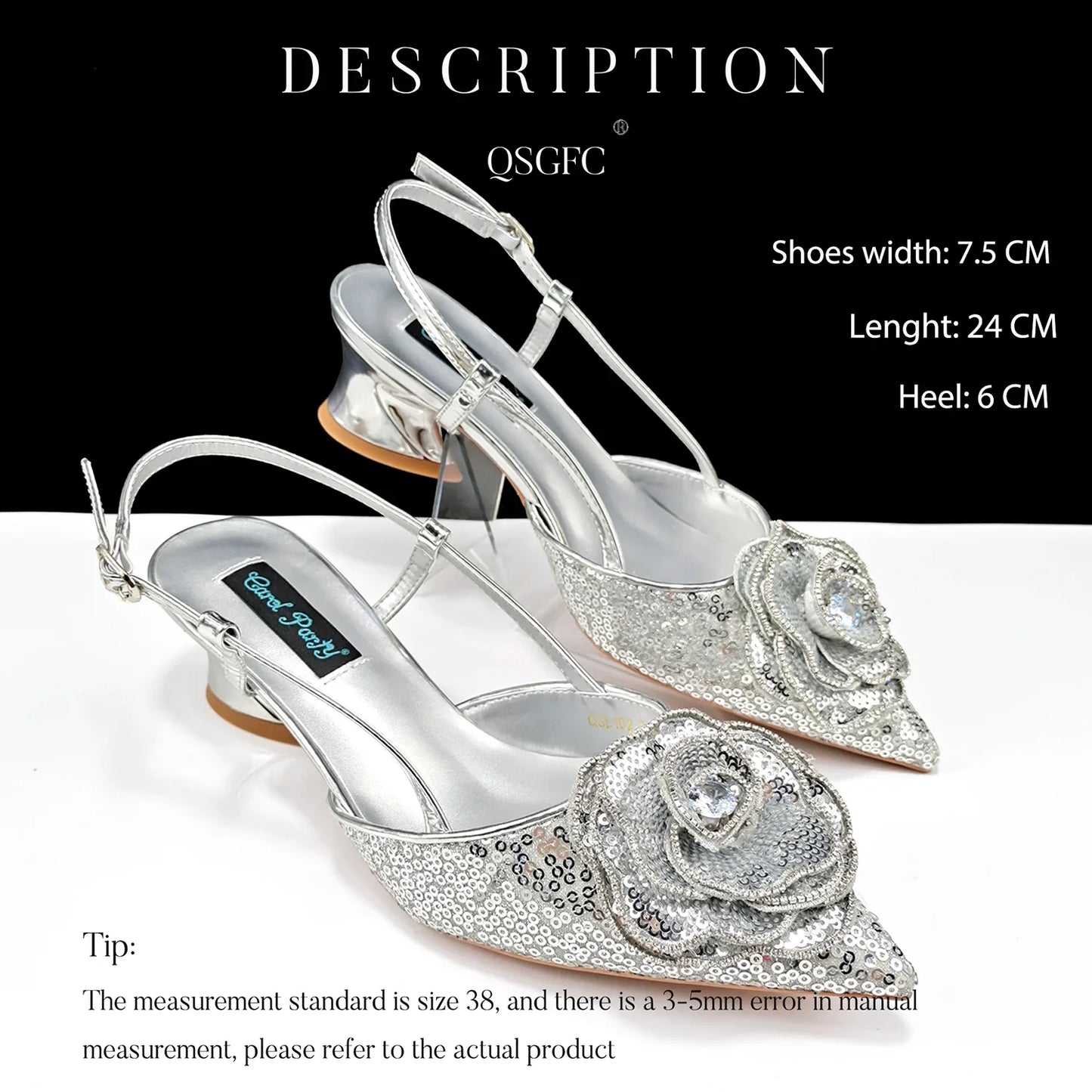 QSGFC Shiny Gold Color Shoes and Bag Elegant Handbags and Medium Heel Shoes Beautiful Handmade Flowers For Wedding Party