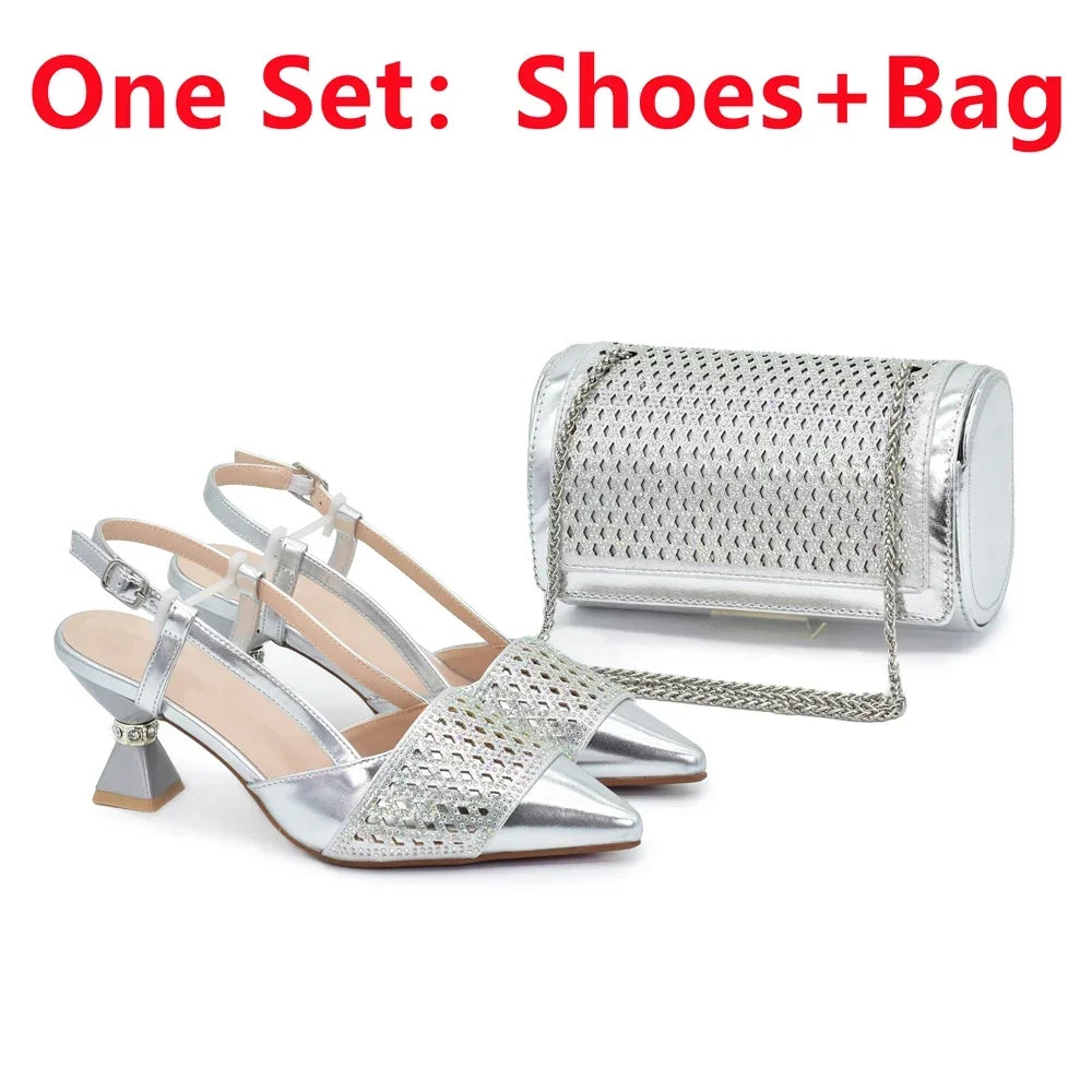Women's Italian Shoes and Matching Bags Sets Decorated with Rhinestone Fashion