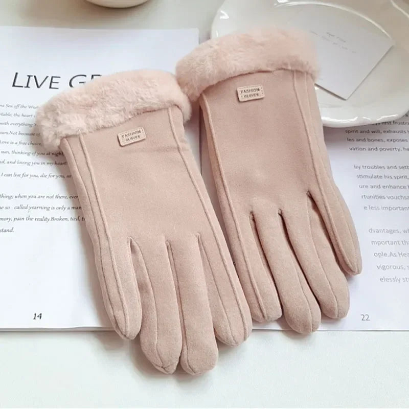 Women Winter Thick Plush Gloves Fashion Warm Suede Outdoor Guantes Lady Touchscreen