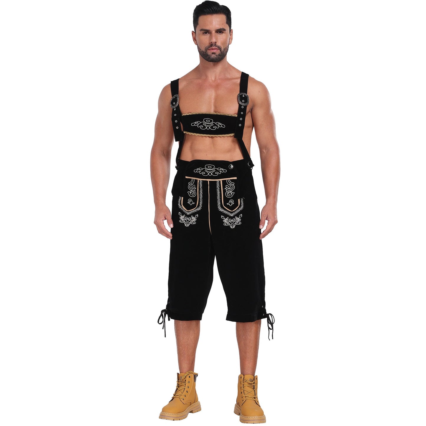 Men’s Bavarian Lederhosen with Matching Suspenders Shorts – Oktoberfest German Costume – Polyester