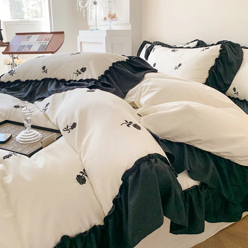 3pcs Rose Embroidered Duvet Cover Set (1*Duvet Cover + 2*Pillowcase, Without Core), Princess Style Lace Bedding Set