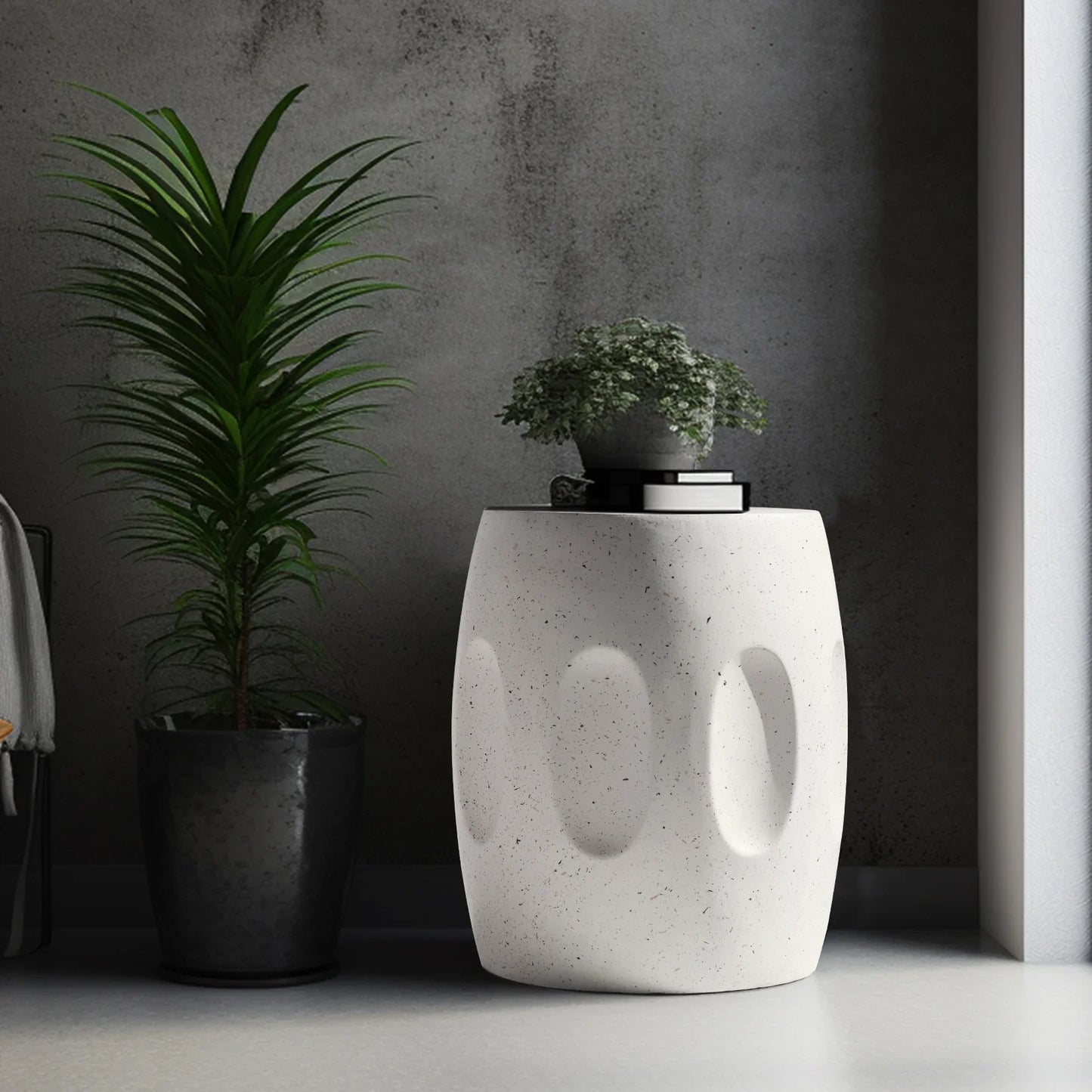Unique Lightweight Concrete Side Table Decorative Garden Stool Faux Terrazzo Accent Table Small Coffee End Table