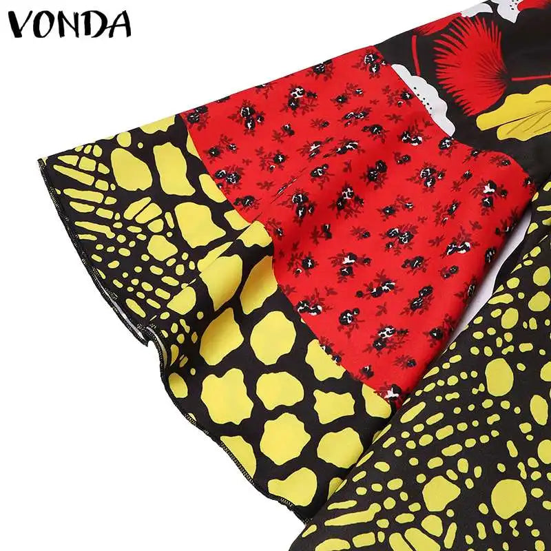 Plus Size 5XL VONDA Women Bohemian Printed Dress 2025 Summer Short Dress Flare Sleeve Party Sundress Casual Vestido Robe Femme
