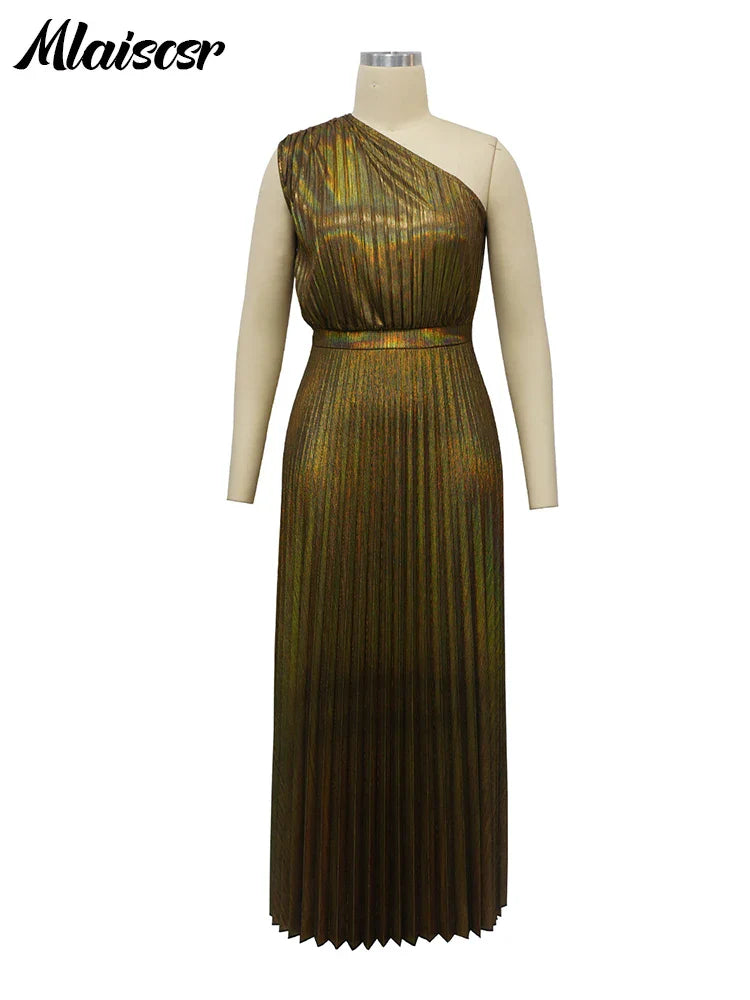 Women's Metallic Golden One Shoulder Sleeveless Pleated A-Line Long Dress Elegant Luxury Evening Gowns