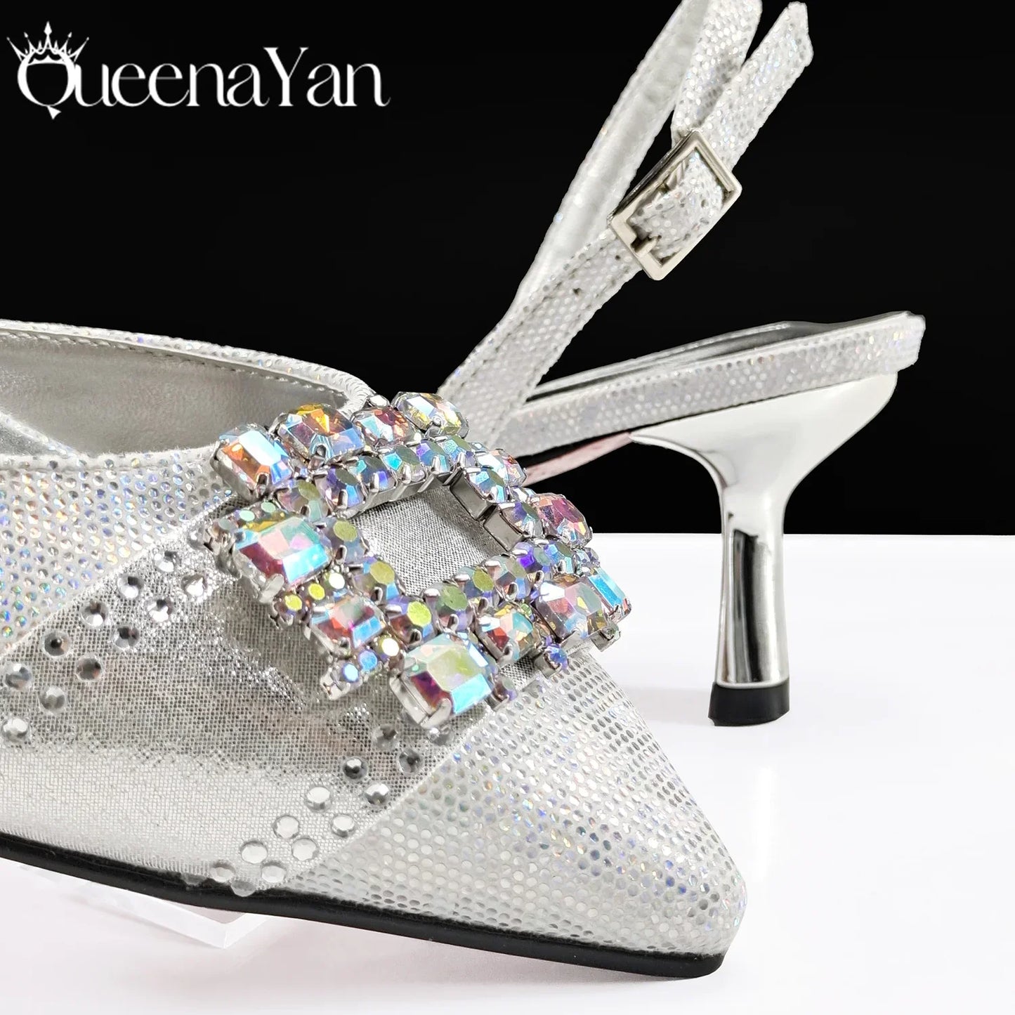 Nigeria Elegant Noble Party Wedding Shoes And Bag Pointed Toe Decorated With Rhinestone Women's Heel Shoes