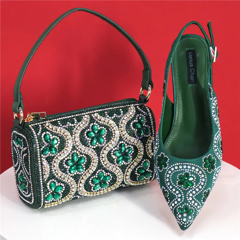 Elegant And Sexy Fuchsia Color High Heels Shoes And Bag With Rhinestone Embellished Toe Is Comfortable Women's Shoes For Party