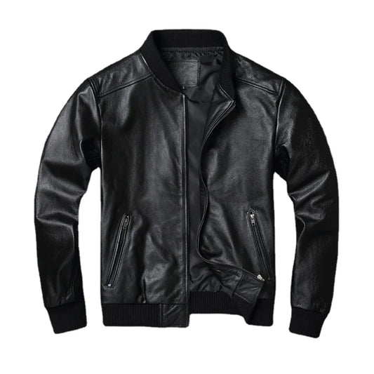 Black Genuine Leather Bomber Jacket for Men – Premium Cowhide
