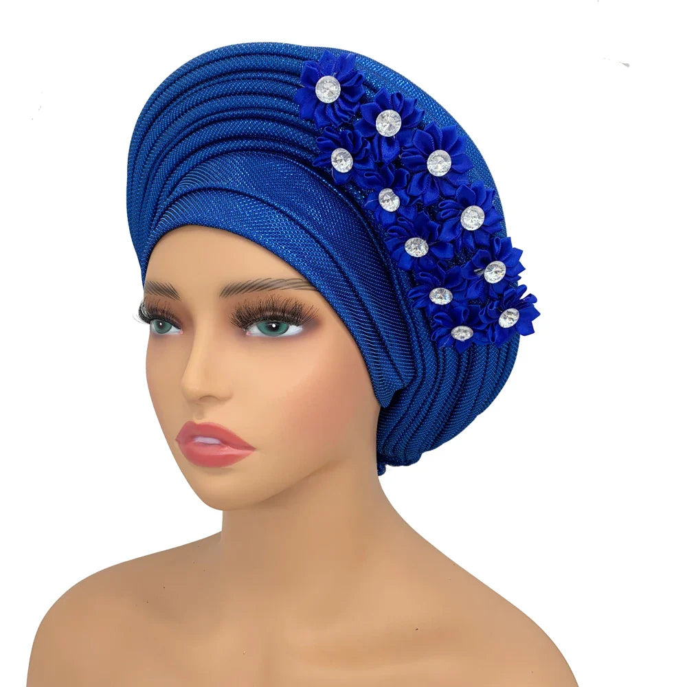 2024 New African Headtie Turban Nigeria Head Ties with Flowers Already Made Auto Gele Women Head Wraps for Wedding Party