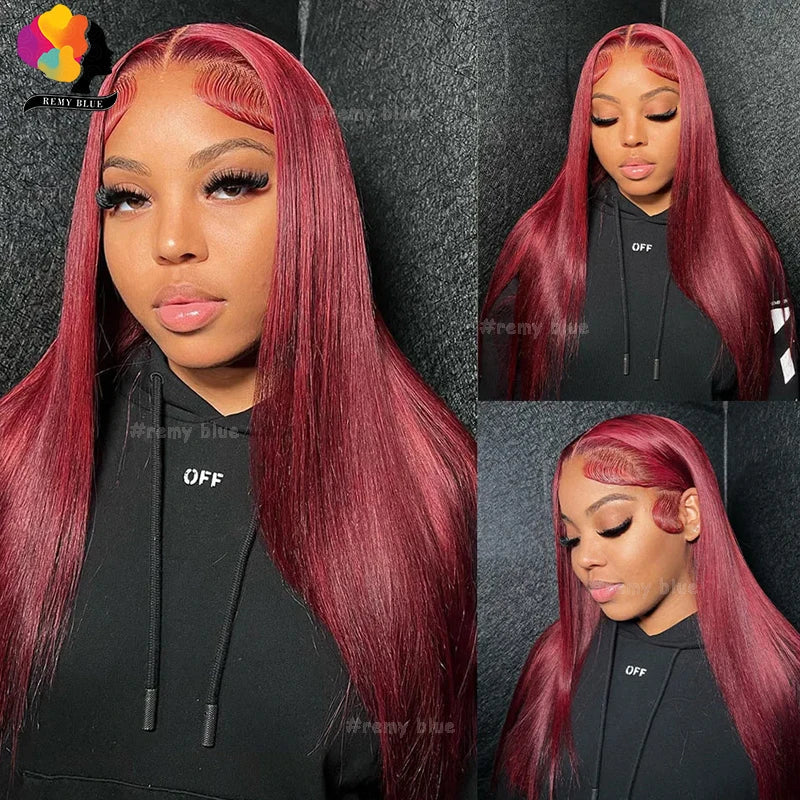 Colored Red Straight Lace Front Human Hair Wig 13x4 13x6 Transparent Lace Frontal Wigs Burgundy Human Hair Wigs for Black Women