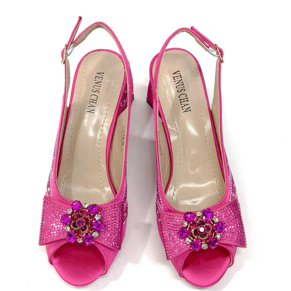 Venus Chan-Italian Shoes and Bags Matching Set for Women Bow Rhinestones Peep Toe High Heels Purple Color Nigerian Party 2024