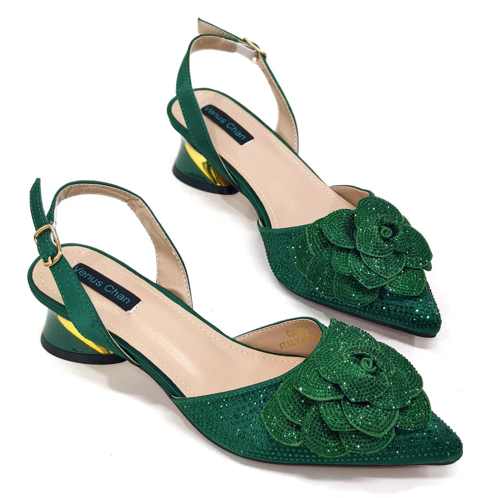 Women's Pointed-Toe Large Flower Decoration Rhinestone Low Heel Italian Shoes and Bags Set