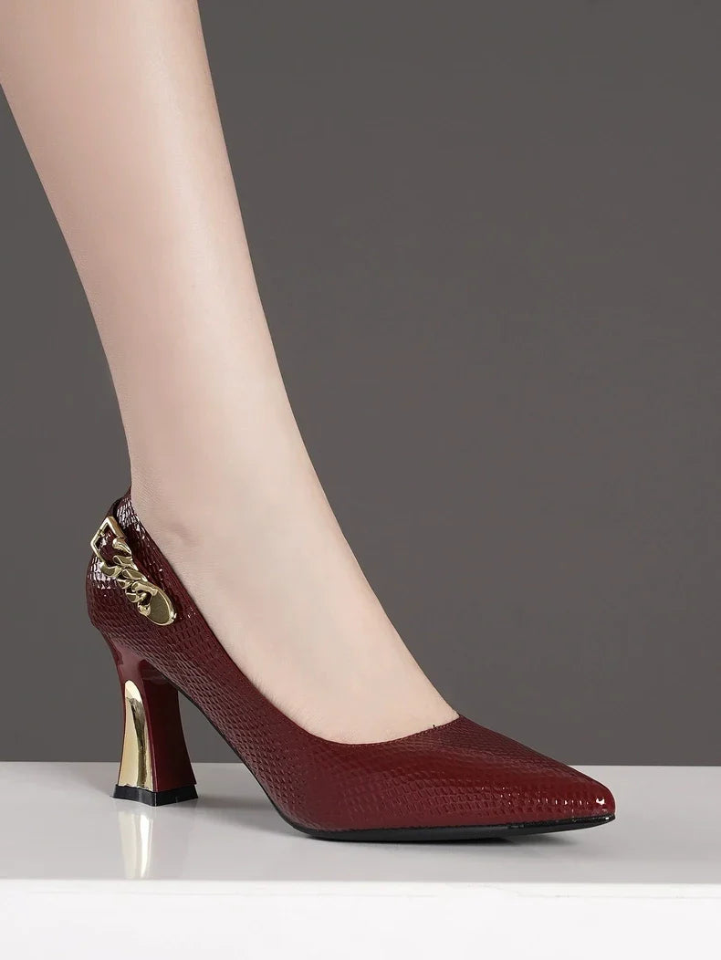 Basic Wine Snakeskin Leather Women Shoes Stiletto High Heels Pointy Toe Women Pumps Weddings Party Size 33-42 Shoes Woman