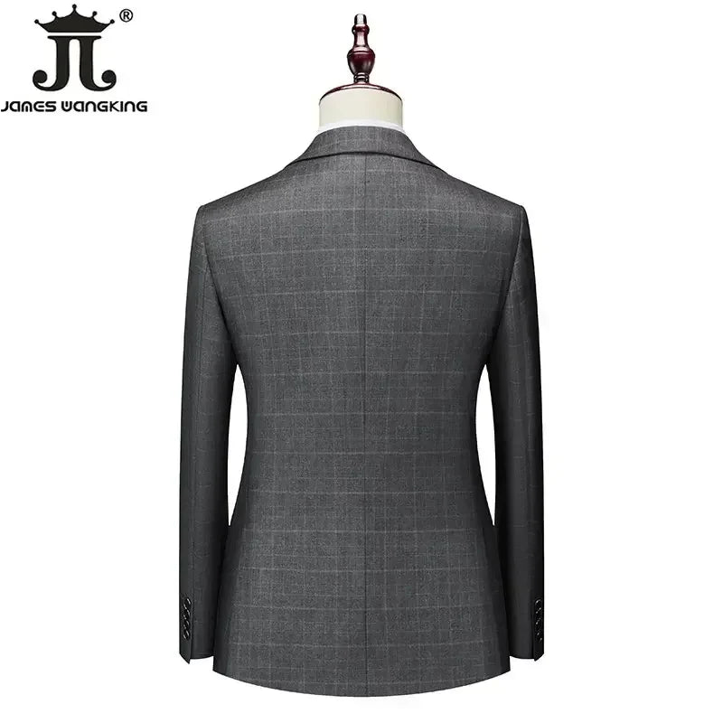 High-end Brand Classic Blue or Gray Plaid Men's Casual Business Suit Retro Official Suit Groom Wedding Dress Jacket Vest Pants