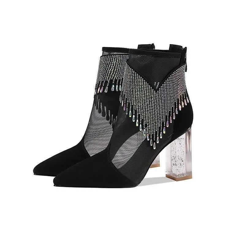 Rubber Soled Dance Boots Women 2025 Spring Pointy Rhine-diamond Tassel High Heel Mesh Latin Jazz Modern Dance Shoes Stage Show