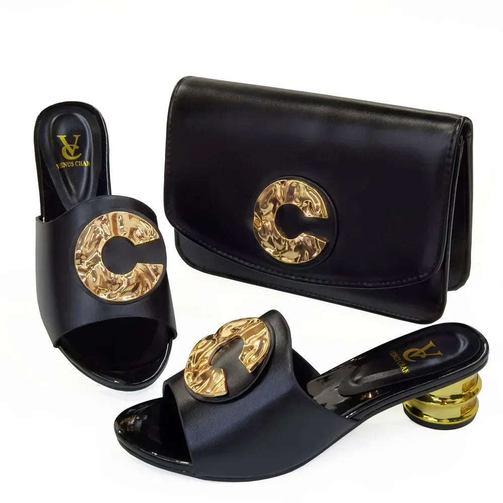 2024 Latest Italian Design Fashion African Women's Low Heel Comfortable Shoes and Bags Set Leather Casual Ladies Slippers