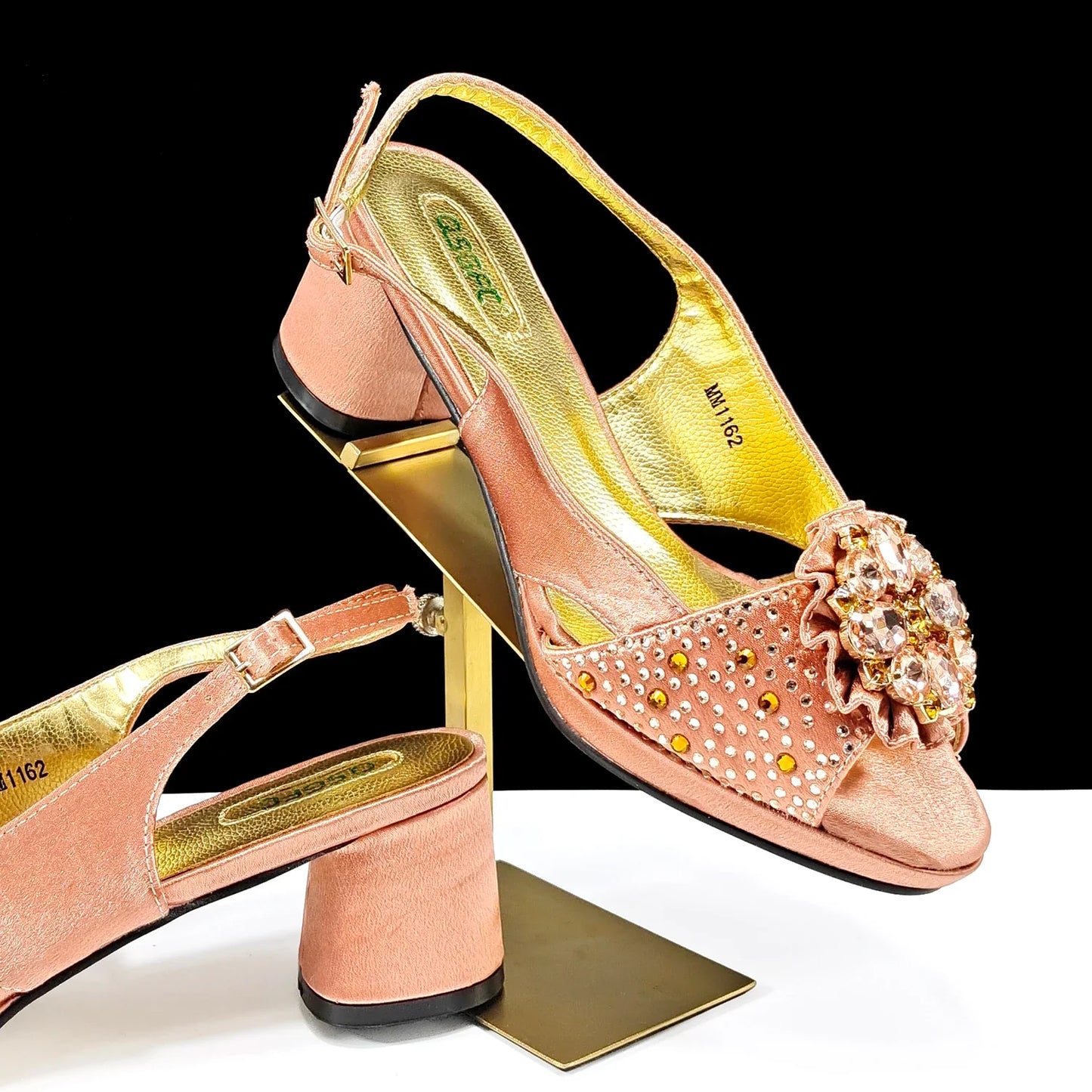 QSGFC Open Toe Women Heels for 2024 Elegant Party Olive Color Diamond Pumps Italian Shoes and Bags Matching Set