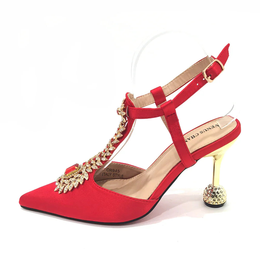 Women's Diamond Decorated Pointed Toe Italian Shoes And Bag Set