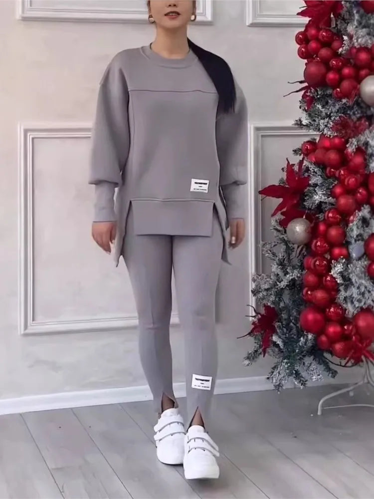 Women's Casual Sweatshirt Sports Set Autumn Winter Fashion Solid Loose Irregular Sweatshirt Top And Slim Trouser Two Piece Sets
