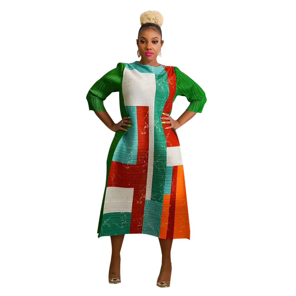 2023 Fashion African 3/4 Sleeve Polyester Plus Size O-Neck Pleated Long Dress Dashiki African Clothes African Dresses for Women