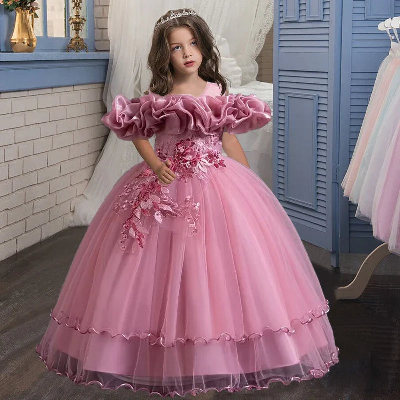 New Elegant Girl Party Dress Long Wedding Bridesmaid Dress 4-13 Year Old Mesh Embroidered Graduation Ball Evening Dress