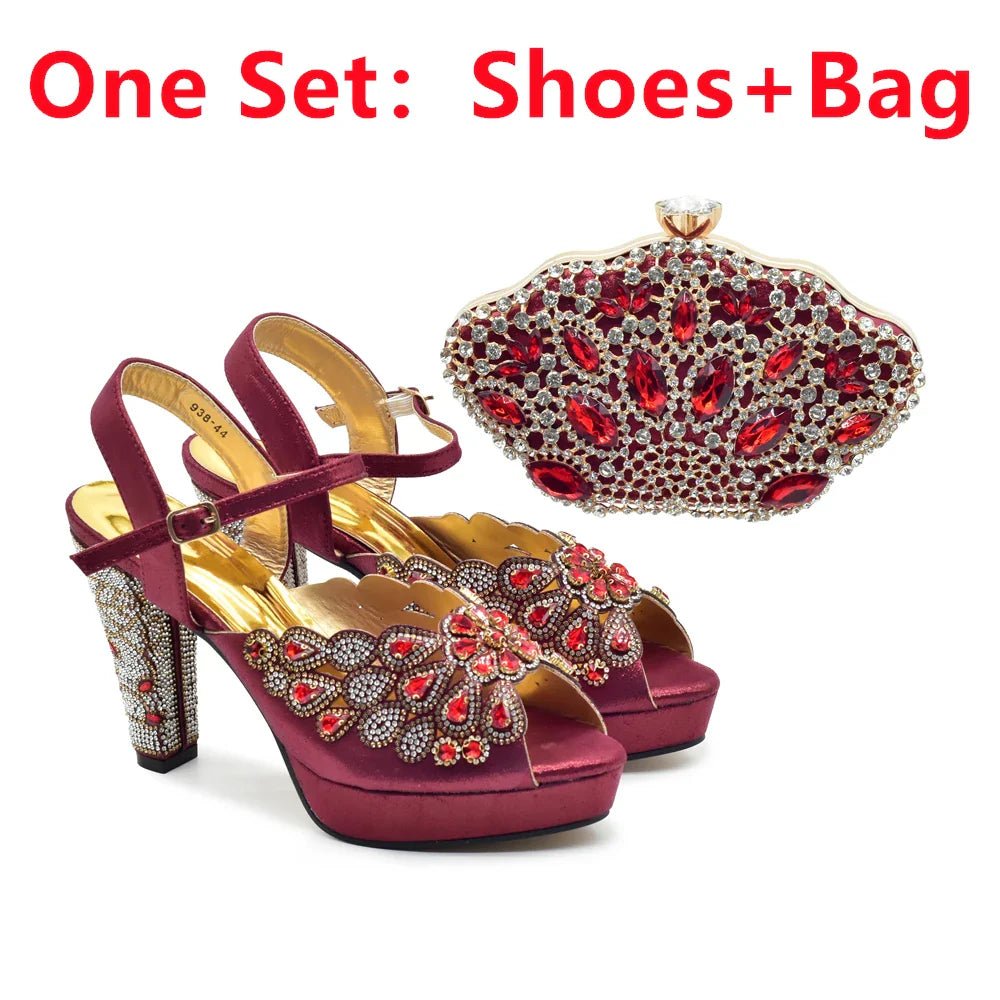 2024 Fashion Black Color High Quality Peep Toe Thin Heels Shoes Matching Bag Set for Nigerian Party Women Women Shoe Size 43