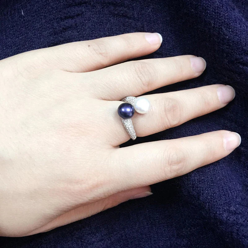 Beautiful Natural Double Pearl Rings For Women,Wedding 925 Silver Pearl Ring Adjustable Wife Mother Birthday Gift White Black