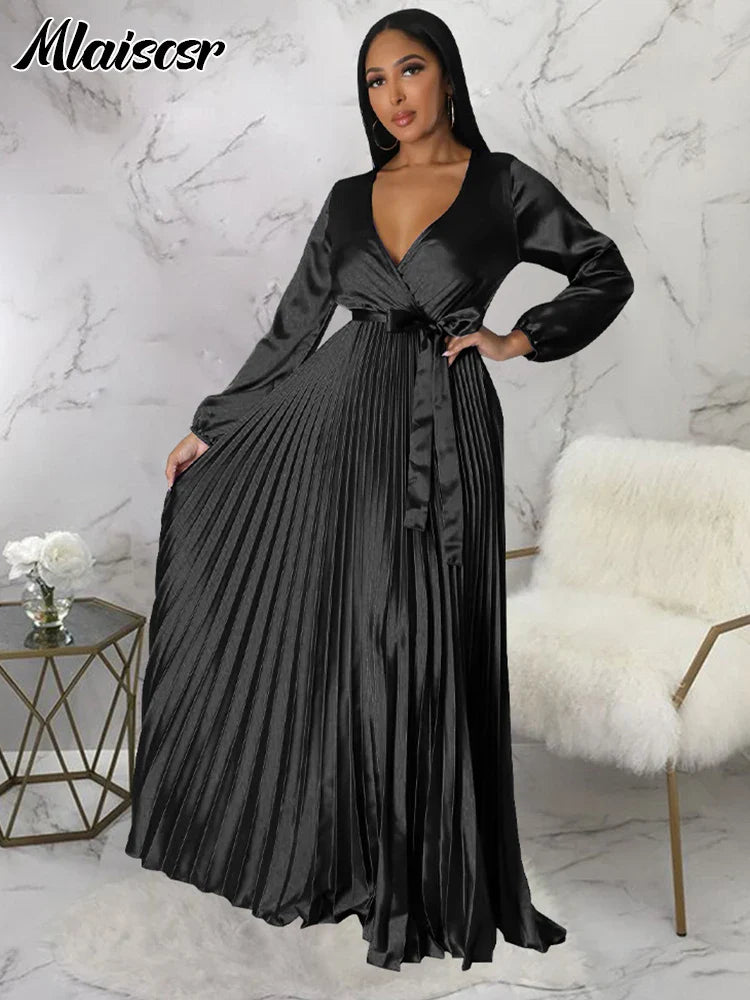 Mlaiscsr Elegant Wedding Guest Pleated Long Dress Women V Neck Lantern Sleeves Sashes Big Swing Sexy Birthday Party Evening Robe