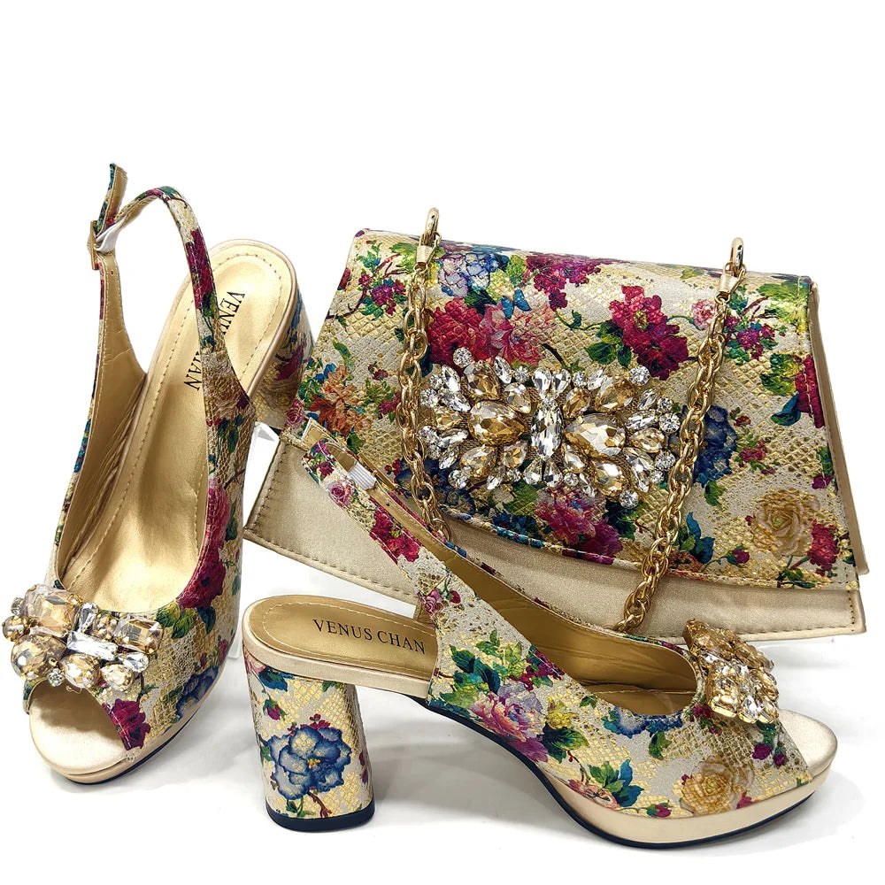 Venus Chan Italian Sandals and Bags Matching Set 2024 Women Heel Party for Gold Colour Wedding Bigger Size Thick Heel Shoes