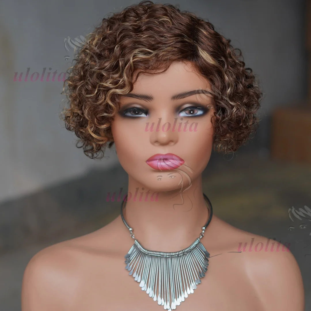 Ombre Blonde T1B27Pixie Cut Short Curly Bob Side Part Non Lace Front 100% Brazilian Human Hair Wigs